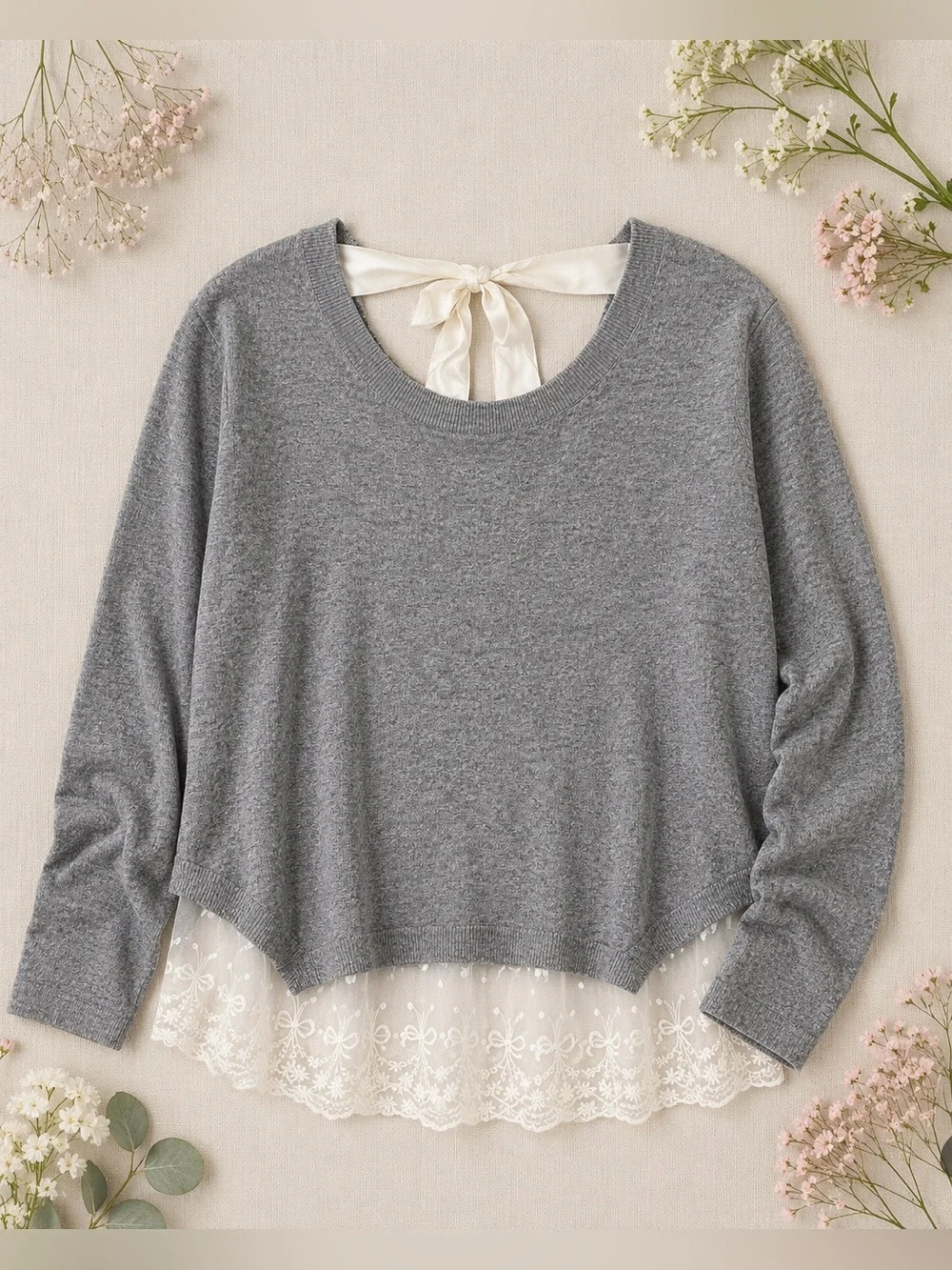 Anthro Zero Degrees Celsius Grey Lace Hem Sweater Bow Back Top M